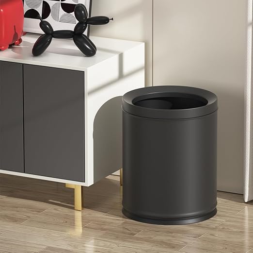 3.17 Gallon/12L Elegant Garbage CanDouble Layers Metal Trash CansLight Luxury Black Waste Basket for BathroomBedroomKitchenHotelOfficeBankHomeCafe (Black 12L)