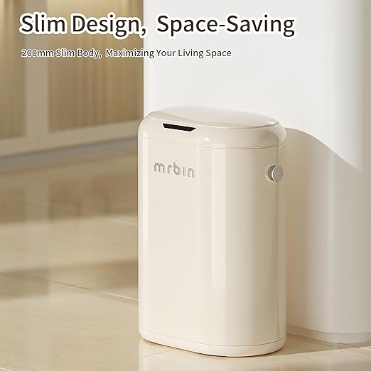 MRBIN Automatic Adsorption Metal Trash Can for Bathroom Touchless Garbage Bin with Lid 4.8 Gallon Slim Trash Can for Office and Bedroom Kitchen Electric Motion Sensor Waste Basket Cream White