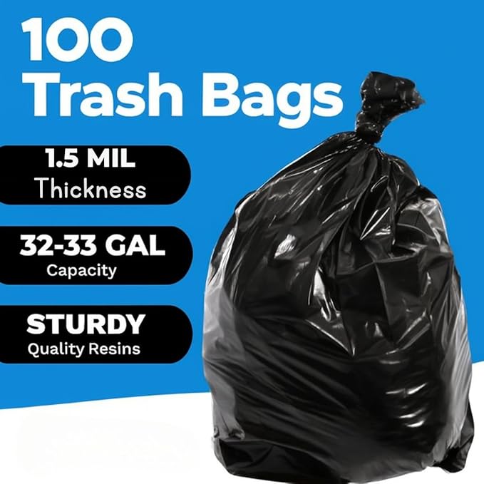 33 Gallon Trash Bags 33 x 39 Inch – 1.5 Mil Heavy Duty Black Can Liners 100 Count – Ideal for Kitchen Office Bathroom Industrial Commercial and Recycling Use