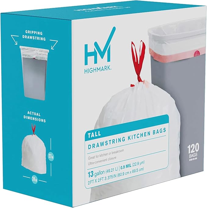 Highmark 0.9-mil Drawstring Trash Bags 13 Gallons White Box Of 120 DP848808