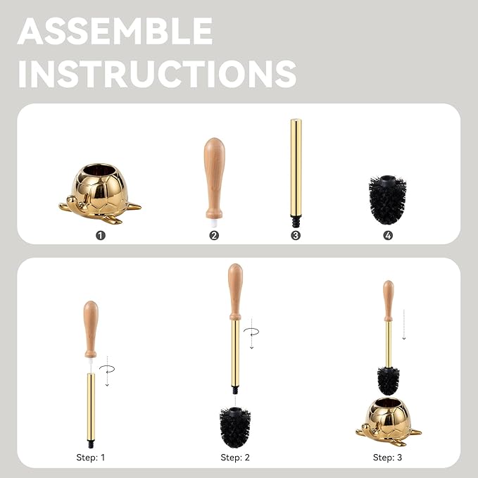 Turtle Base Toilet Brush Set - Gold Ceramic Toilet Scrubber Brush 7.5” Bowl Cleaner with Ergonomic Handle Mini Cute Bathroom Cleaning Brush - Bathroom Decor