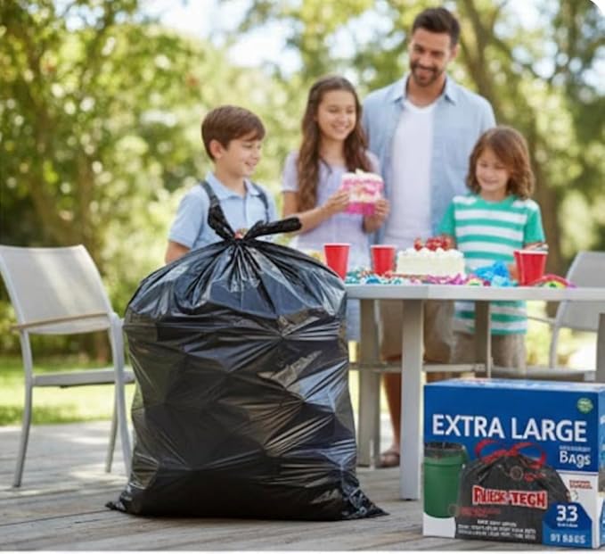 Kirklant Signatures Flex-Tech 33 Gallon Extra Large Trash Bags Drawstring Leak Protection &amp Tear Resistant Black 90 Count