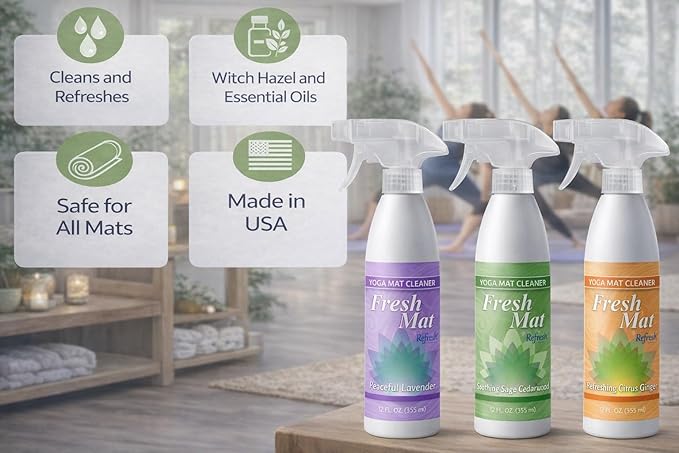 Fresh Mat Yoga Mat Cleaner Spray - Natural Deodorizing Cleaner for Yoga Mats &amp Fitness Equipment - No-Rinse Residue-Free Formula with Witch Hazel &amp Essential Oil Refreshing Citrus Ginger (24