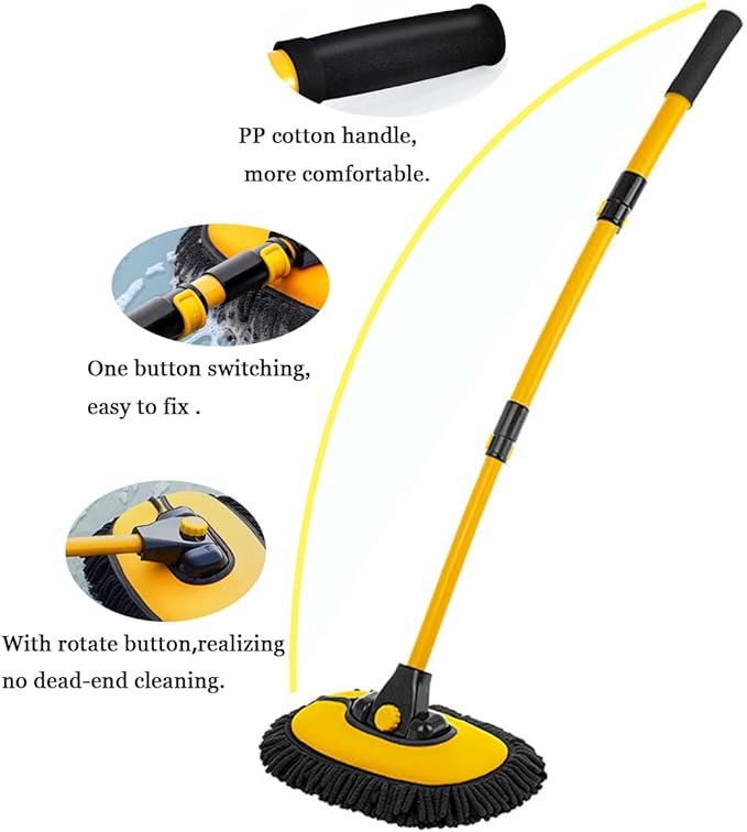 Car Wash Brush with Long Handle Chenille Microfiber Mop Mitt with 1 Replacement Head Wheel Brush Extension Pole Cleaning Kit &amp Towels for Cars &amp Trucks - 5PCS
