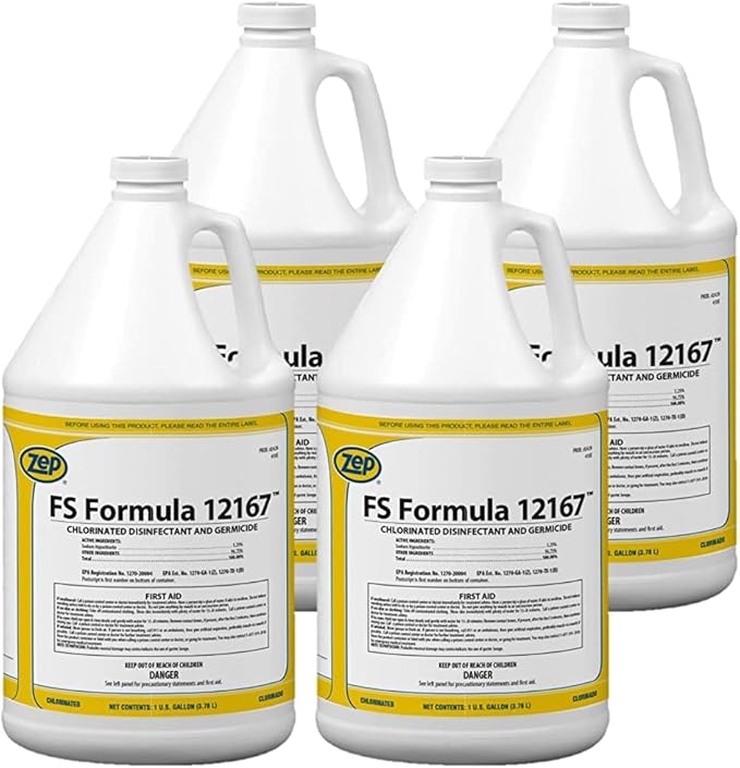 Zep FS Formula 12167 Chlorinated Disinfectant and Germicide - 1 Gallon (Case of 4) 242924 - For Sanitization of Porous and Non-Porous Food Contact Surfaces Disinfection of Surfaces Non-Food Contact