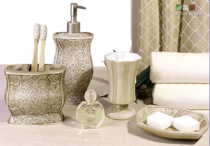 Creative Scents Victoria Beige Bathroom Accessories Set - Decorative Bathroom Accessory Set - 4 Piece Bathroom Set Features: Soap Dispenser Toothbrush Holder Tumbler and Soap Dish