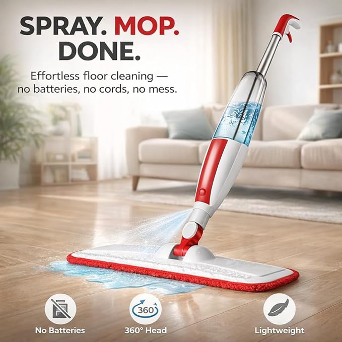 Spray Mop for Floor Cleaning with Refillable Bottle (14 oz) 3 Washable Microfiber Pads &amp Scraper – Lightweight 360° Rotating Mop No Batteries Streak-Free Cleaning for Hardwood Tile &amp Lamin