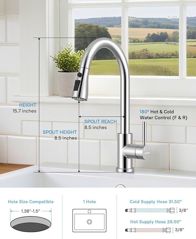 WEWE Kitchen Faucet with Pull Down Sprayer and Soap Dispenser Polished Chrome High Arc Single Handle Stainless Steel Sink Faucet Suitable for Farmhouse RV &amp Laundry