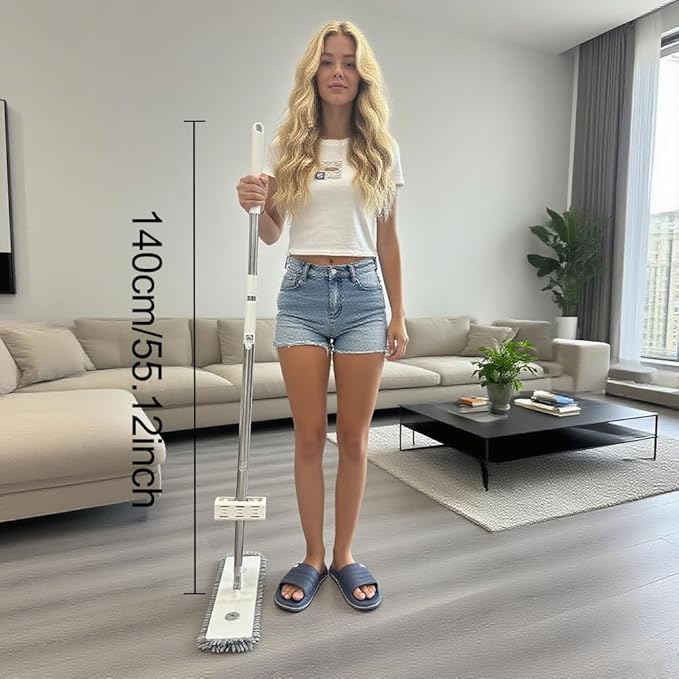 Hand-Free Self Microfiber Cleaning Mop Set - Dry &amp Wet Use for Hardwood FloorsWoodTile &amp Vinyl with 2pcs Large 45cm/17.72inch Washable Chenille Pads (Mop with 2 Fibers)