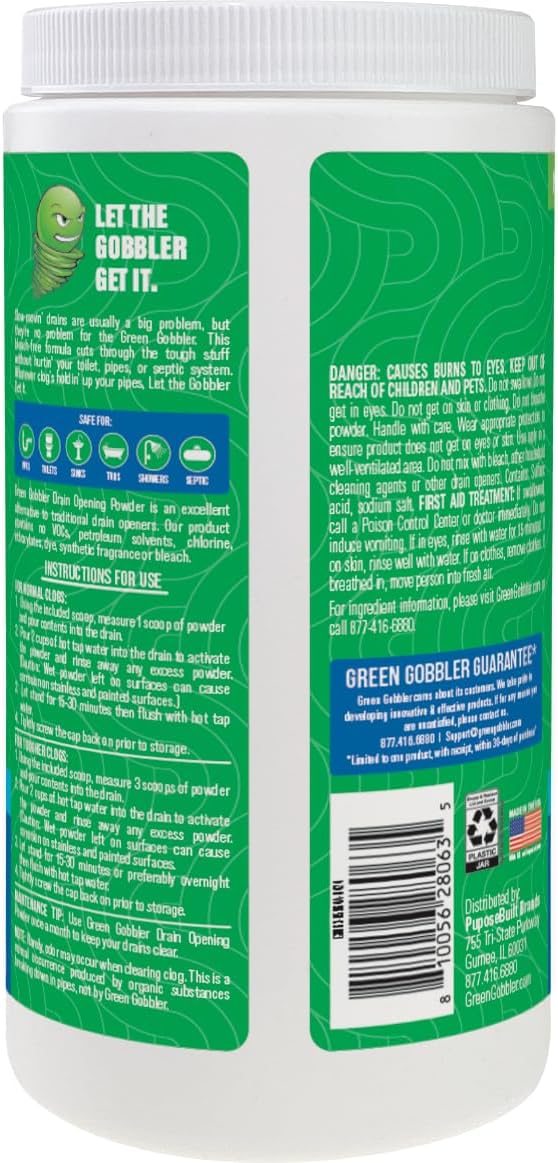 Green Gobbler Drain Clog Remover &amp Drain Cleaner Powder 20+ Treatments Maintenance Breaks Down Grease Paper Fat &amp Oil Septic Safe