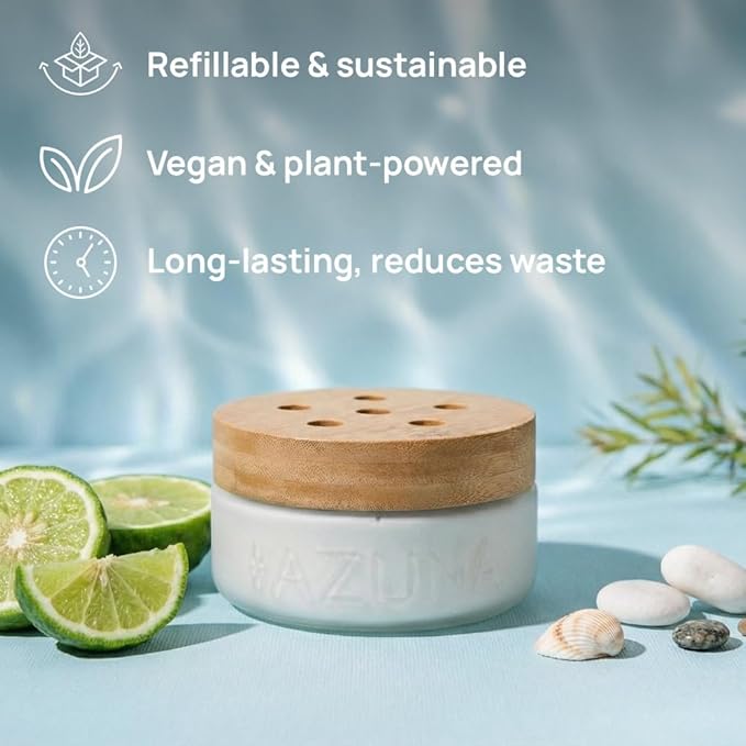 Azuna Air Freshener &amp Odor Eliminator for Strong Odor | 2 Room Kit Includes (2) 8 oz. Empty Luxe Glass Jars &amp 12 oz | Refill with Tea Tree Essential Oil Gel | Amalfi Breeze | Last 60-90 Days