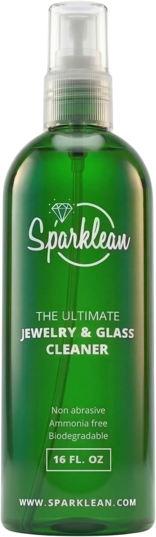 SPARKLEAN Jewelry &amp Glass Cleaner Spray (16 Oz) - Biodegradable Ammonia-Free Solution for Gold Silver &amp Diamond Rings - Safe for Ultrasonic Machines - Eco-Friendly - Value Size