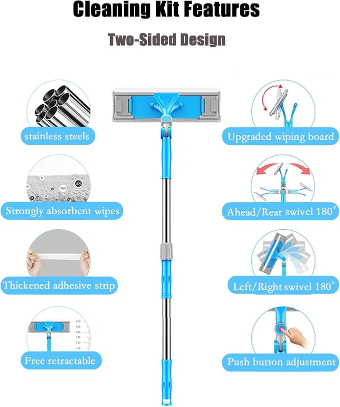 Rotatable Stainless Steel Window Cleaning Rods Glass Washing Kit with Bendable Head &amp Threaded Extension Pole Outdoor Windows Scrubber for Caravans/Auto Glasses/Solar Panel