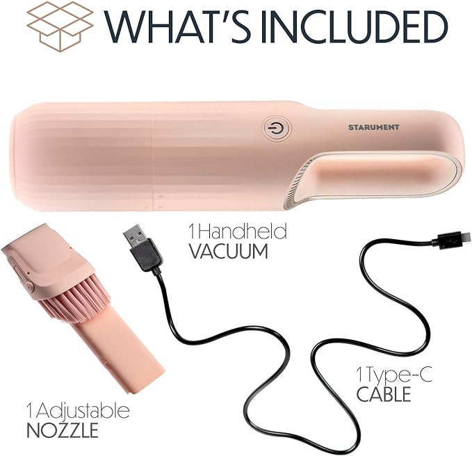 STARUMENT Portable Hand Vacuum Cleaner for Dust Pet Hair Dirt Home Car Interior Furniture Lightweight Easy to Use Compact Design Battery Rechargeable with USB-C Cable Pink