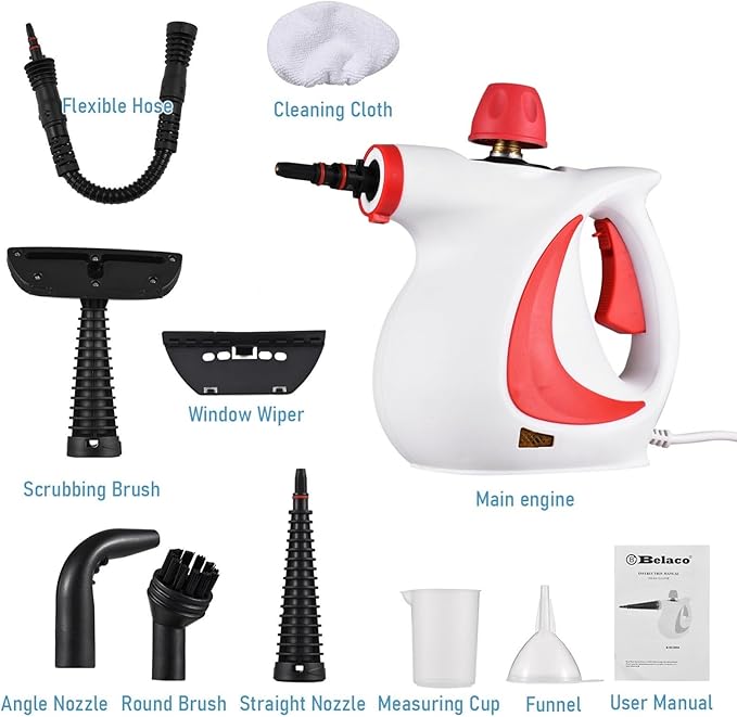 Handheld Steam Cleaner Multipurpose 1050W Motor 9 Accessories 3.0BAR High-Pressure Steam 135°C Fast Steam 0.4L Tank 8-10 Mins Runtime – for Kitchen Bathroom Car Furniture (Red @ White)