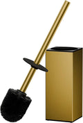 FORIOUS Toilet Brush and Holder Set Heavy Duty 304 Stainless Steel Base Square and Long Handle for Bathroom Deep Cleaning Drip-Proof Space Saving for Storage 2 Toilet Bowl Brush Head Dark Gold
