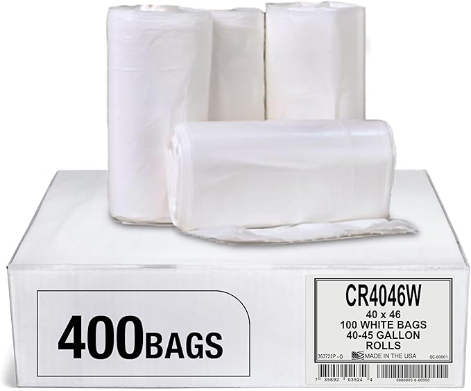 Aluf Plastics 45 Gallon Trash Bags 40 x 46 White (Pack of 400) - For Bathroom Household Office and Lightweight Garbage - Coreless Rolls