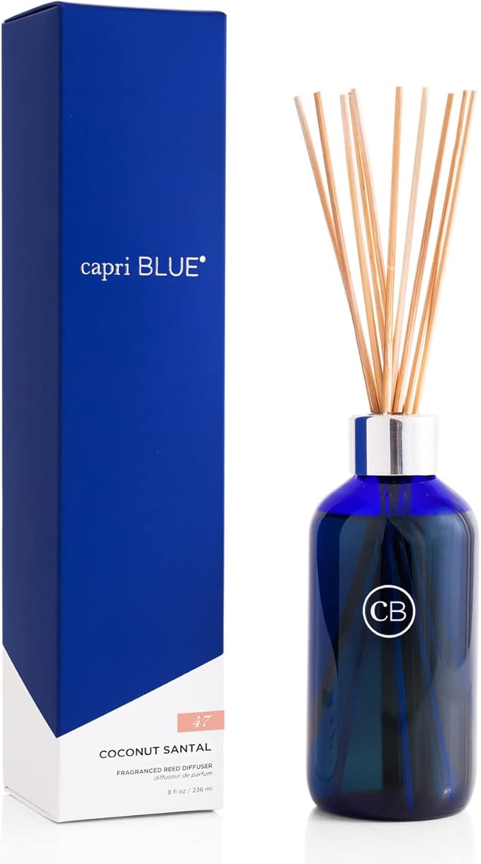 Capri Blue Coconut Santal Reed Diffuser Set - Includes Reed Diffuser Sticks Fragrance Oil and Glass Bottle - Luxury Scented Room Fresheners - Cobalt Blue (8 fl oz)