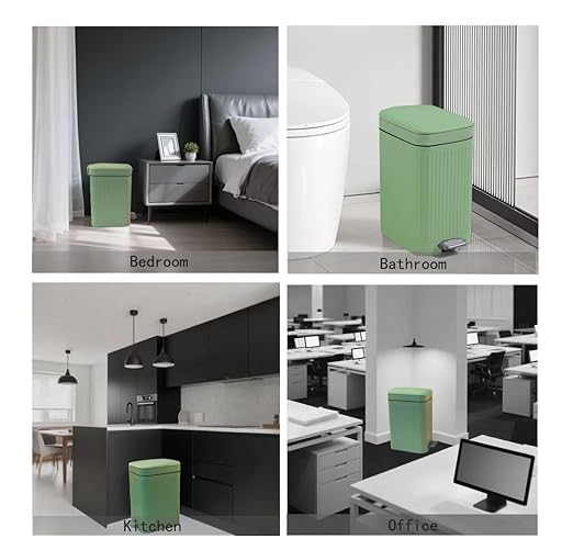 Feisco Small Trash Can with LidSmall Bathroom Trash Can with Foot Pedal and Press Type LidSlim Step-On Trash Bin Wastebasket Garbage Can for KitchenBathroom Office Bedroom (Green 1.8 Gallon)