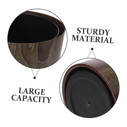 Vintage Wood Grain Trash Can Compact Round Wastebasket for Bathroom Kitchen Living Space Saving Home Garbage Container with Large Capacity and Multifunctional Use