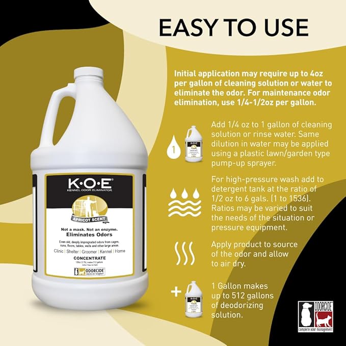 Odorcide K.O.E. Apricot Odor Eliminator Concentrate for Strong Odor for Cages Runs &amp More – Home &amp Kennel w/Safe Non-Enzymatic Formula - 128 oz