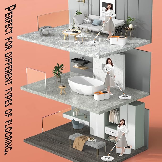Spin Mop Bucket with Wringer System Extended Mop Handle 61Mop and Bucket for Floors Cleaning with 5 Replacement Head Refill 1 Cleaning Brush Head