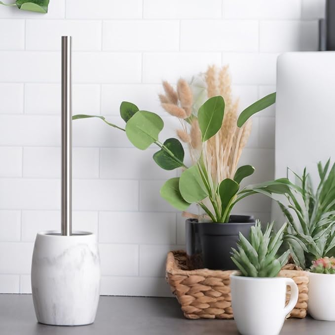 Toilet Bowl Brush and Holder with Stainless Steel Long Handle Toilet Scrubber Brush with Durable Base 360° Deep Cleaning Bristles for Bathroom Compact Set for Small Space (White)