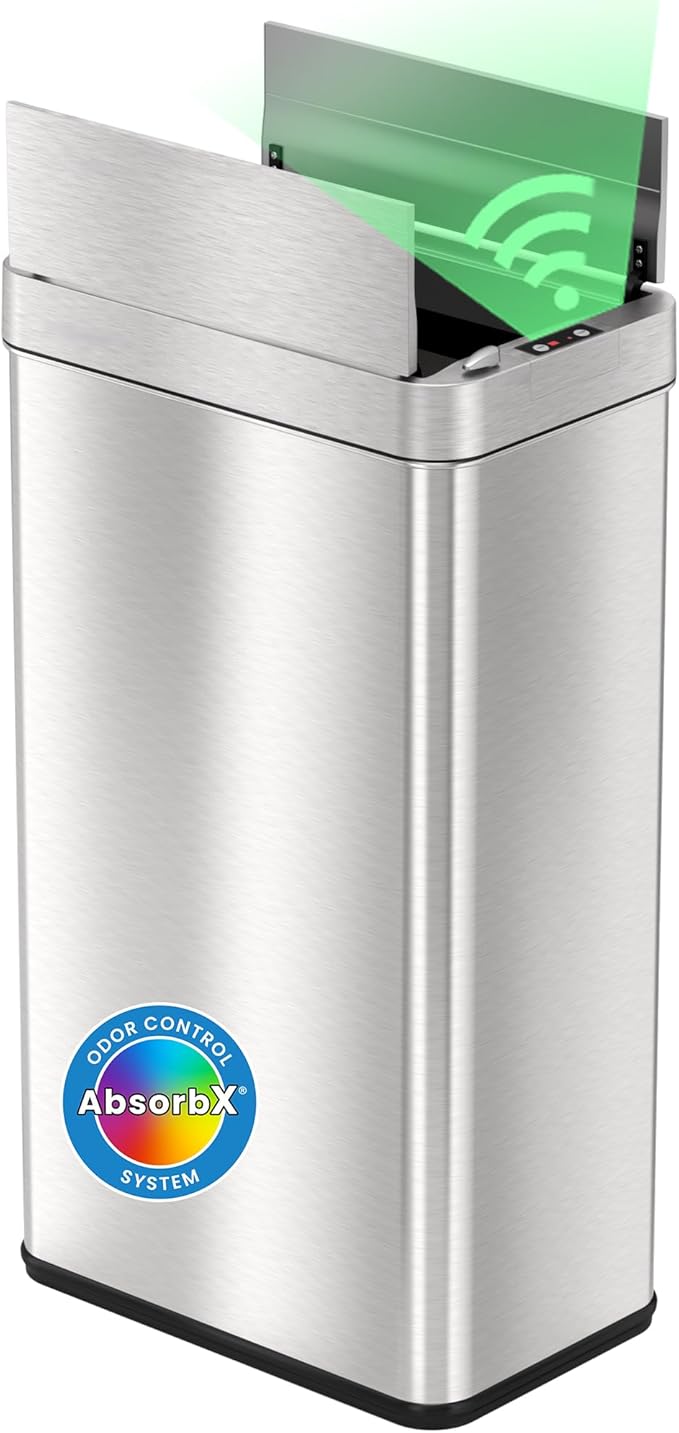 iTouchless 68 Liter / 18 Gallon Wings-Open Lid Sensor Kitchen Trash Can with Odor Filter Dog-Proof Slim Automatic Large Capacity Stainless Steel Garbage Recycling Bin for Home Office Business Garage