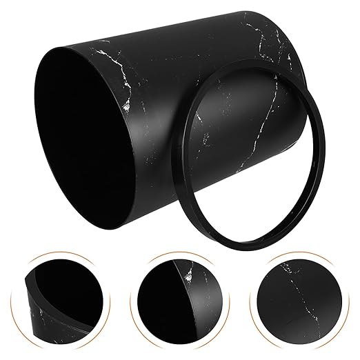 Black Marble Small Wastebasket with Press Ring Plastic Home Office Trash Can for Bathroom Storage and Recycling
