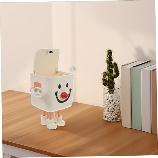 PRETYZOOM Compact Small Trash Can with Lid Stylish Tabletop Wastebasket for Bathroom Bedroom Office Versatile Desktop Garbage Container Smile Orange Efficient Waste Management