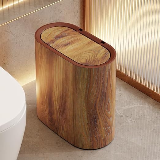 Bathroom Trash Can with Lid 3.7 Gal Plastic Marble Wood Pattern Small Office Trashcan Garbage Can for Bedroom Kitchen Slim Trash Bin Waste Basket Decorative Modern Trashcans