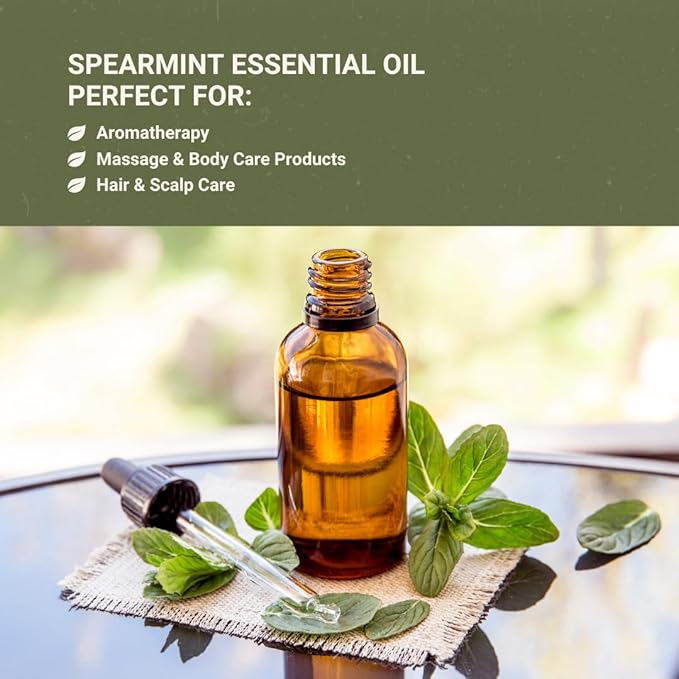 Spearmint Essential Oil - Direct from Essential Oils India - Steam Distilled - Aceite Esencial de Menta Verde for Aromatherapy Massage Diffuser DIY Candle and Soap Making - 8oz