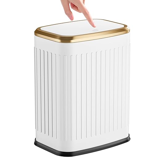 TIPGO Bathroom Trash Can with Lid 2.1 Gallon / 8 Liter Small Garbage Can Press Top Bin Stainless Steel Wastebasket with Pop-Up Lid for Bedroom Living Room Office (White)