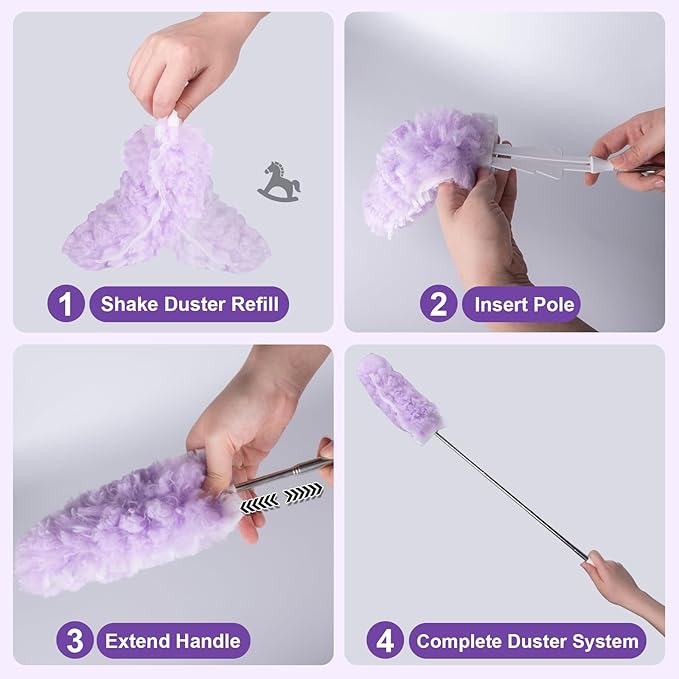 ITTAR 30 Count Duster Refill kit Duster for Cleaning with Extension Pole Microfiber Dust Remove Supplies Fan Feather Dusters for Cleaning Ceiling Fan Blinds Furniture Vent &amp Shelves-Purple
