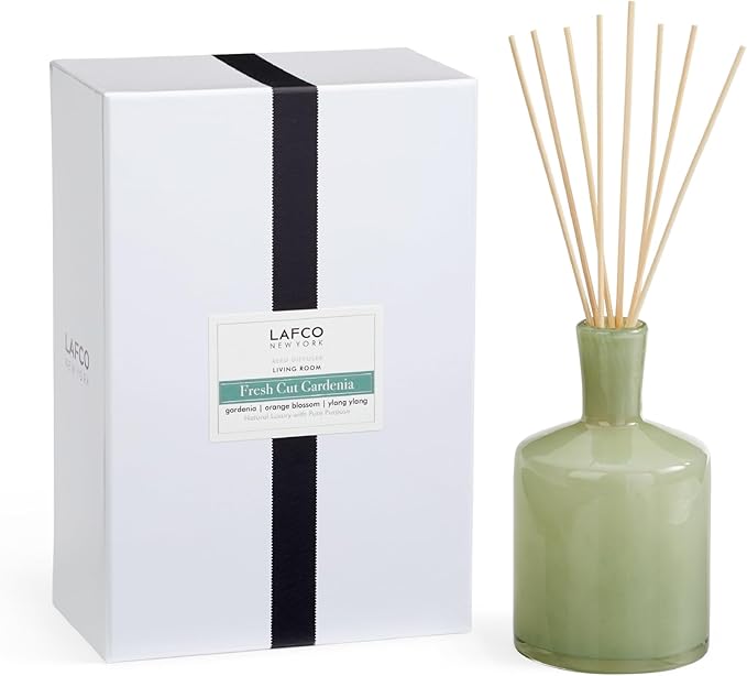 LAFCO New York Signature Reed Diffuser Fresh Cut Gardenia - 15 oz - Up to 9 Months Fragrance Life - Reusable Hand Blown Glass Vessel - Natural Wood Reeds - Made in The USA
