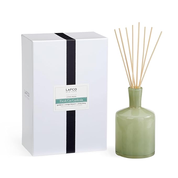 LAFCO New York Signature Reed Diffuser Fresh Cut Gardenia - 15 oz - Up to 9 Months Fragrance Life - Reusable Hand Blown Glass Vessel - Natural Wood Reeds - Made in The USA