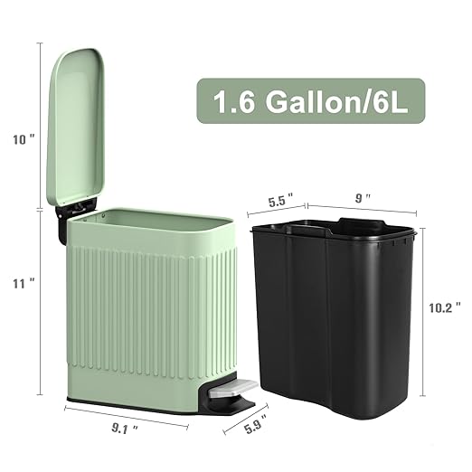 TrashAid Slim Bathroom Trash Can with Lid Soft Close 6 Liter/1.6 Gallon Stainless Steel Small Garbage Can with Removable Inner Bucket Step Pedal Slim Wastebasket for Toilet Office Bedroom Green