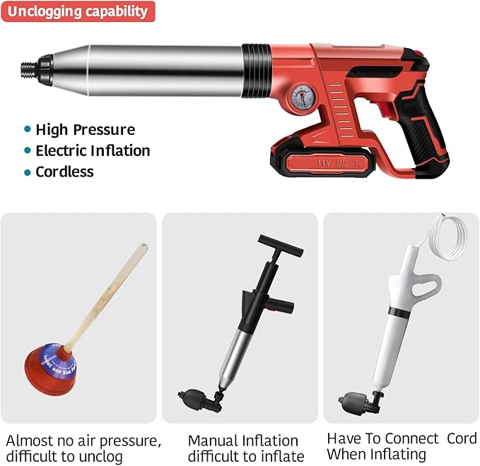 Electric Toilet PlungerDrain Clog Remover ToolsHigh Pressure Air Toilet Plungers Heavy Duty Plunger For ToiletBathroomFloor DrainSewerPipeRED