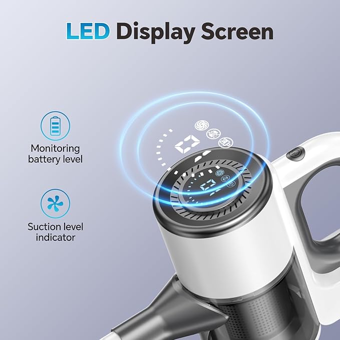 Cordless Vacuum Cleaner for Home Powerful Stick Vacuum Cleaner with LED Screen and 3-Speed Suction Rechargeable Vacuum Cordless Lightweight Handheld Vacuum for Hard Floors Carpets Pet Hair White
