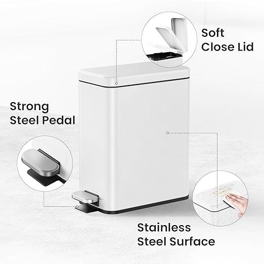 Cesun Bathroom Trash Can with Lid 2.6 Gallon Small Bathroom Garbage Can Soft Close Stainless Steel Waste Basket with Step Pedal for Bedroom Laundry Room Living Room Home Office Toilet RV White