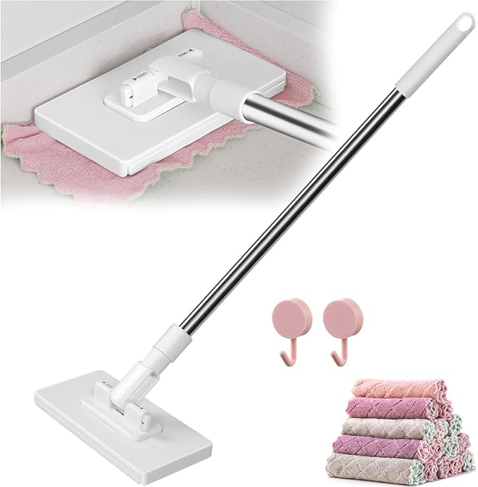 Disposable Dust Mop with 10 Reusable Cloths Snap Grip Mini Mop Zero Touch Lazy Mops Wet and Dry Automatic Gripping Adjustable Handle with 2 Length (29″ / 41″ ) for Multi Cleaning (41″)