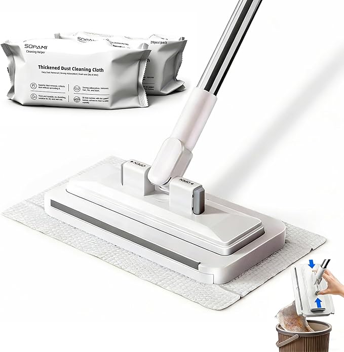 SOPAMI Sweep &amp Mop Kit Durable Cleaning Tool for Hardwood Tile Marble &amp Laminate FloorsPet Hair Removal Home Kitchen Cleaning Essentials (2 Reusable Cleaning Pads&amp1pcs Disposable Dry