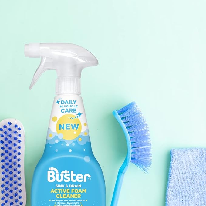 BUSTER Active Foam Sink &amp Drain Cleaner 500ml x 2 - Sink Cleaner to Remove Limescale &amp Stains - Daily Plughole Foam Cleaner &amp Odour Eliminator – Foam Cleaner for Sinks Showers Drains and