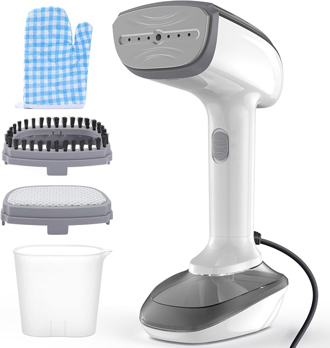 Powerful Handheld Fabric Steamer - 1800W with Fast Ceramic Heat-Up Plate 2-in-1 Ironing &amp Wrinkle Remover Steam Nozzle Lint Brush - White for US 120V Only