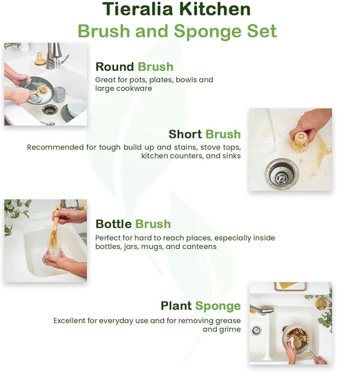 Tieralia Bamboo Dish Brush Gift Set – 5-Piece Kitchen Cleaning Set with Bottle Brush Round Scrub Brush Palm Brush &amp 2 Plant-Based Sponges | Wooden Handle Cleaning Tools for Dishes &amp Surfaces