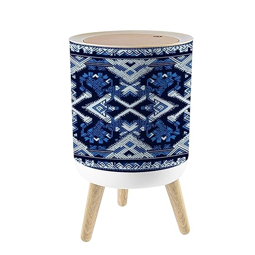 Small Trash Can with Lid Navy Blue Indigo Geometric ethnic oriental seamless thai traditional 1.8 Gallon/7L Garbage Can Waste Bin with Press Top Lid Legs Waste Basket for Bathroom Kitchen Bedroom
