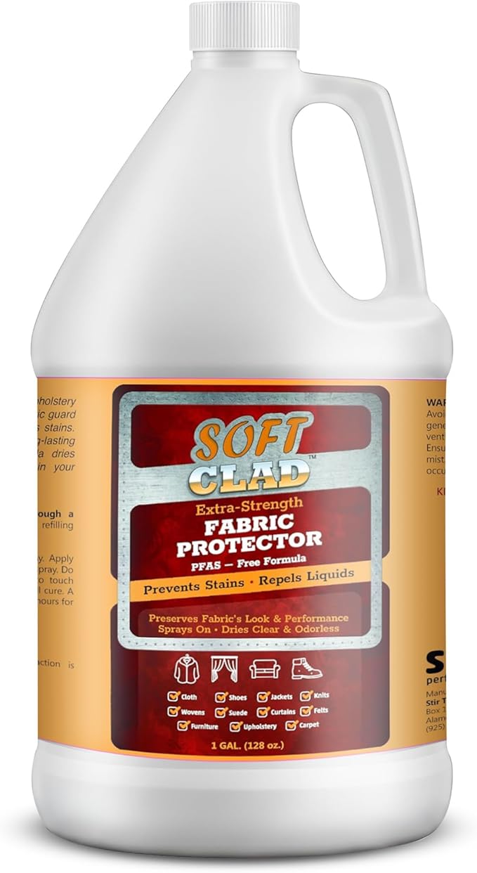 Extra Strength Fabric Protector Spray Prevents Stains and Repels Liquids. SoftClad Guards Furniture Shoes Carpet Upholstery Suede Leather Couch. Safe for Indoor Use. PFAS Free Formula. 1 Gallon