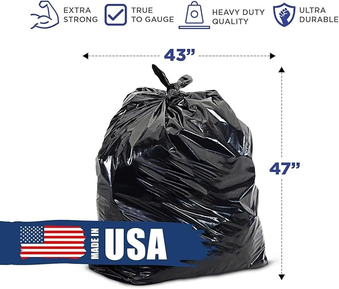 (100 Pack) Plexon 55-60 Gallon Trash Bags 1.5 Mil Heavy Duty Fits Rubbermaid Brute Rollout Round and Square 32-55 gal Trash Cans 43 x 47 Large Durable Garbage Trash Can Liners Bulk (Black)