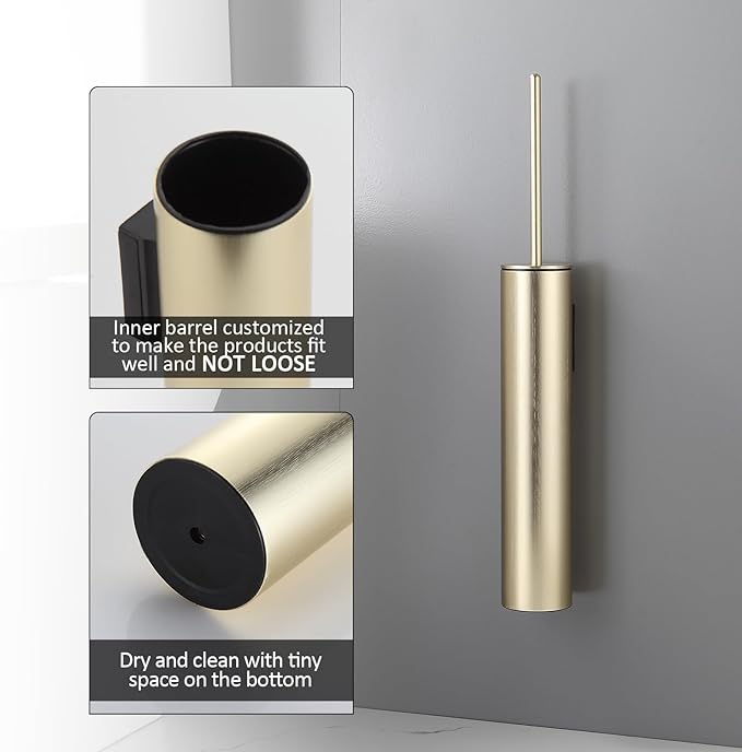 BGL Toilet Brush and Holder Set Brushed Gold Wall Mounted for Bathroom Round Design