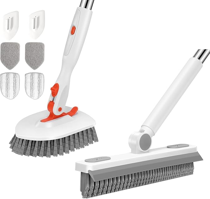 SetSail Grout Cleaner Brush with Long Handle &amp 3-in-1 Tile Tub Floor Scrubber V-Shaped Floor Scrub Brush Swivel Grout Brush Stiff Bristle Floor Grout Scrubber for Bathroom